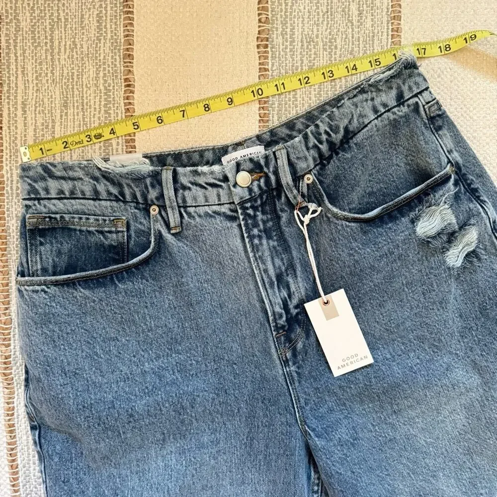 Good American 90’s Duster Blue 950 Straight Leg Distressed High Rise Jeans 14/32 - Picture 4 of 8